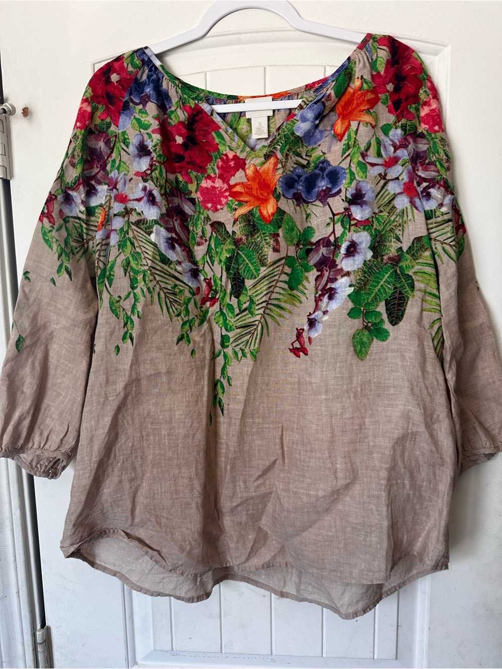 Chico's 100% Linen Tropical Boho Floral V-Neck Blouse- XL- Size 3
